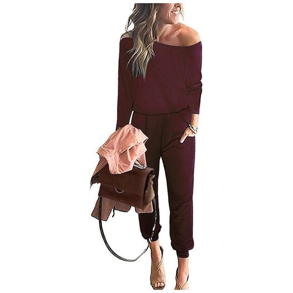 Women's Casual Long Sleeve Jumpsuit Crewneck One Off Shoulder Wine Red